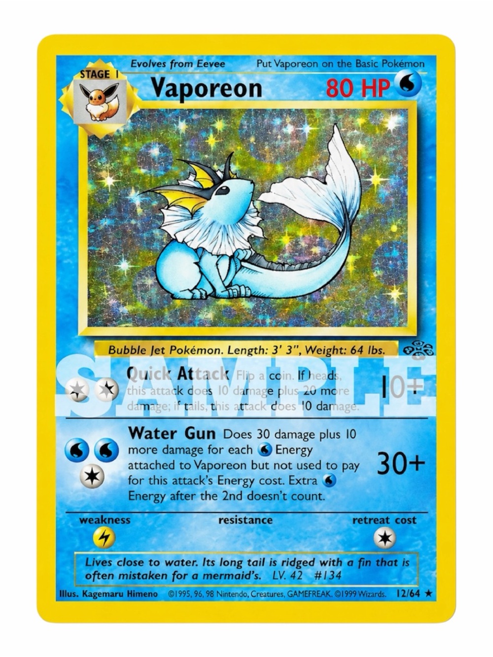 1999 VAPOREON 12/64 POKEMON TCG JUNGLE LP